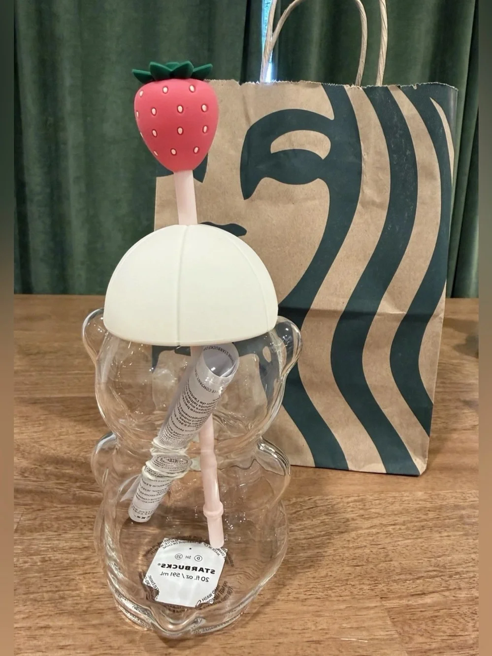 Authentic Starbucks Bearista Bear Glass Pink Drink Strawberry Cup 20 oz.